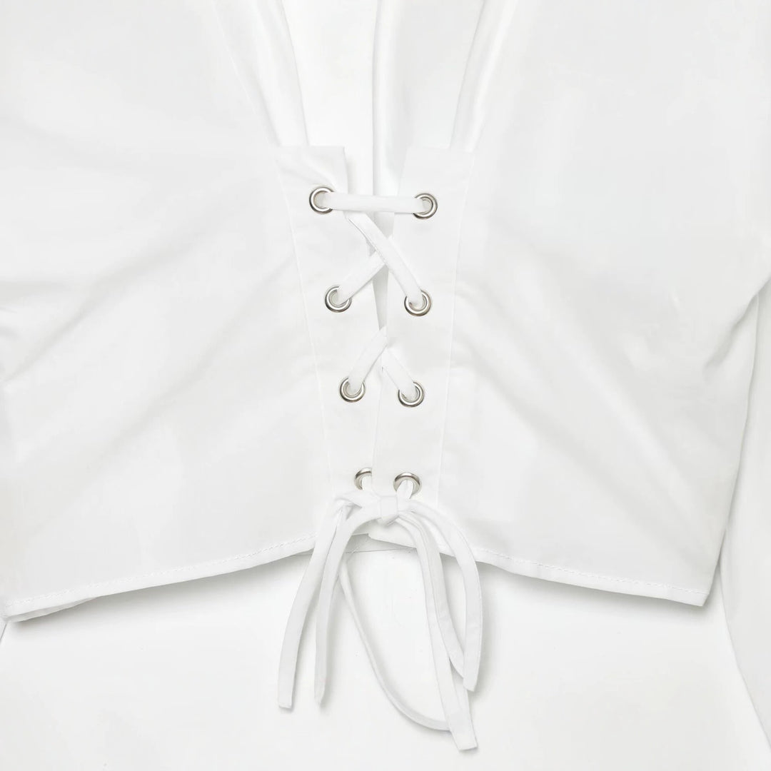 Women Tailored Cropped Blouse with Stand-up Collar, Lacing and Long Cuffs Drune
