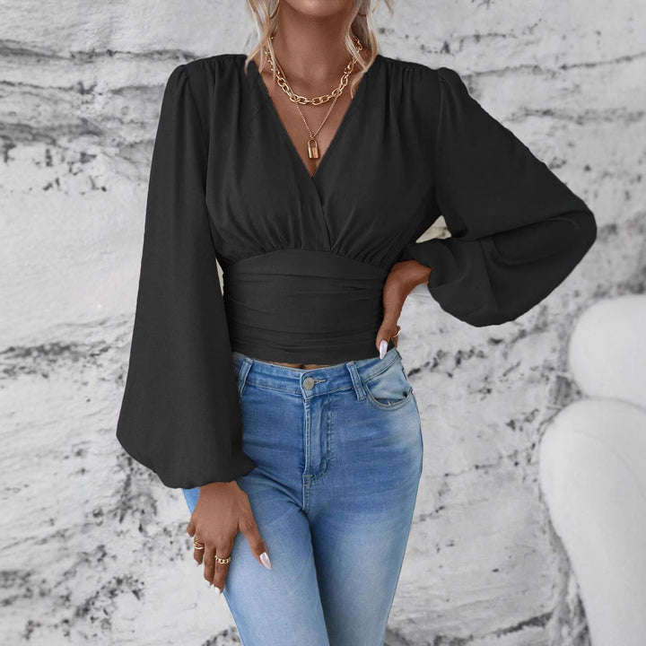 Women's Wrap Cropped Top with Gathered Waist and Wide Balloon Sleeves Mune Fashion