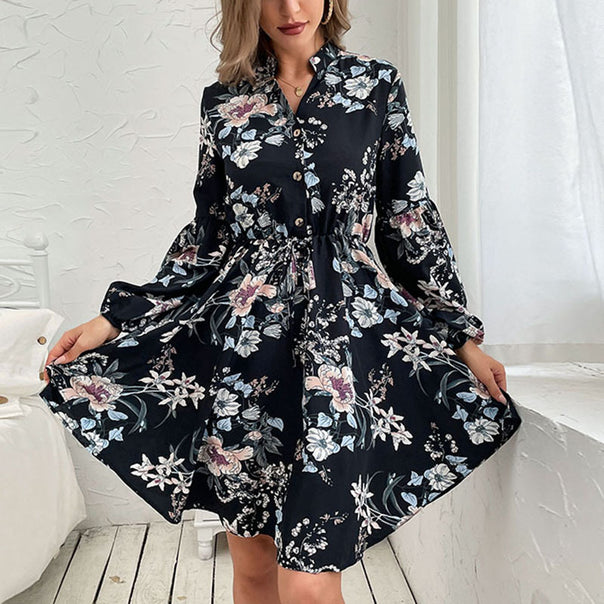 Ladies Viscose Shirt Dress with Waist Cord, Stand Collar and Ruffled Skirt Mune Fashion