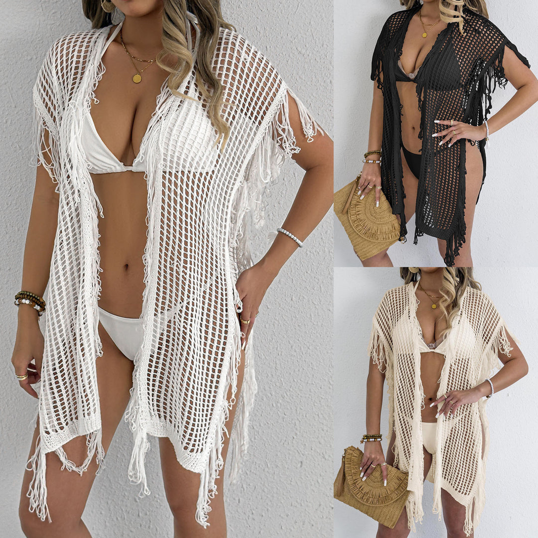 Ladies Crochet Beach Cover-Up with Fringed Accents Mune Fashion