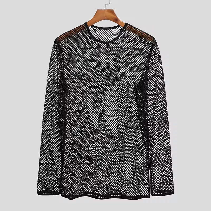 Unisex transparent diamond net long sleeve shirt with round neck Mune Fashion