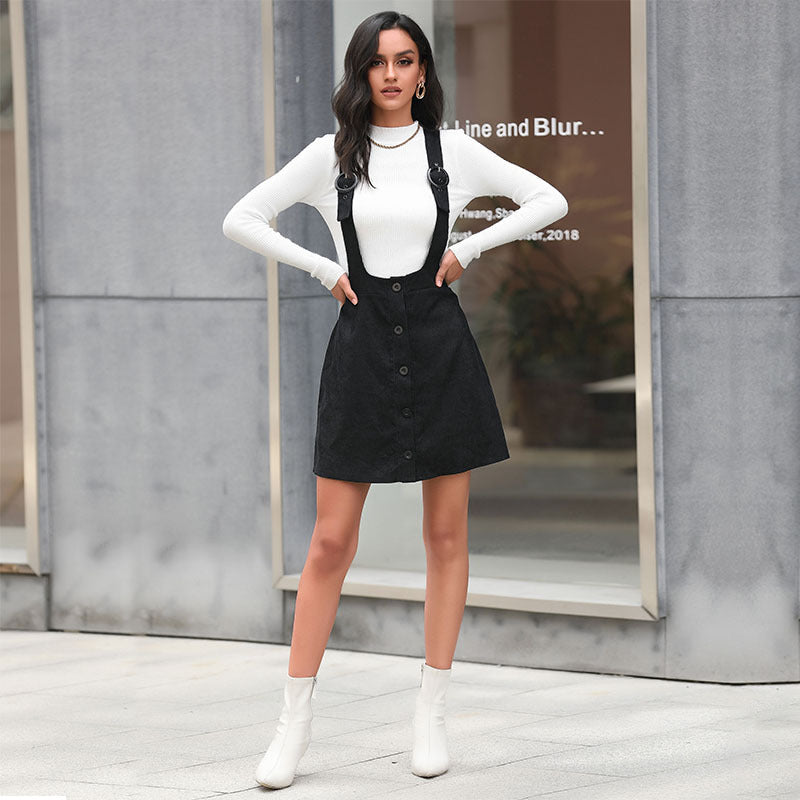 Women's overall dress with continuous button placket, adjustable straps, and A-line silhouette Mune Fashion
