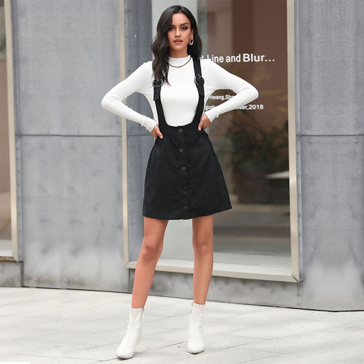 Women's overall dress with continuous button placket, adjustable straps, and A-line silhouette Mune Fashion