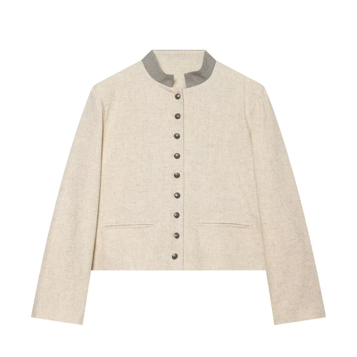 Women's cropped jacket in boxy cut with short stand-up collar and decorative button placket Mune Fashion