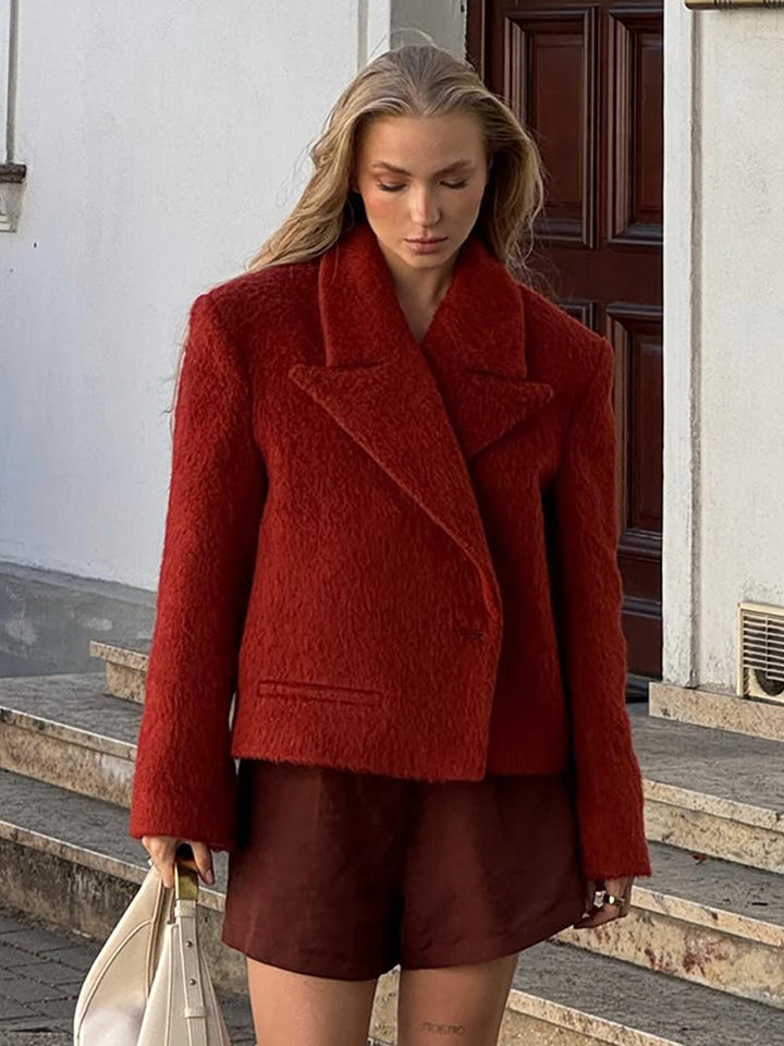 Women's Short Boxy Faux Fur Jacket with Wide Lapels and Textured Fur Look Mune Fashion