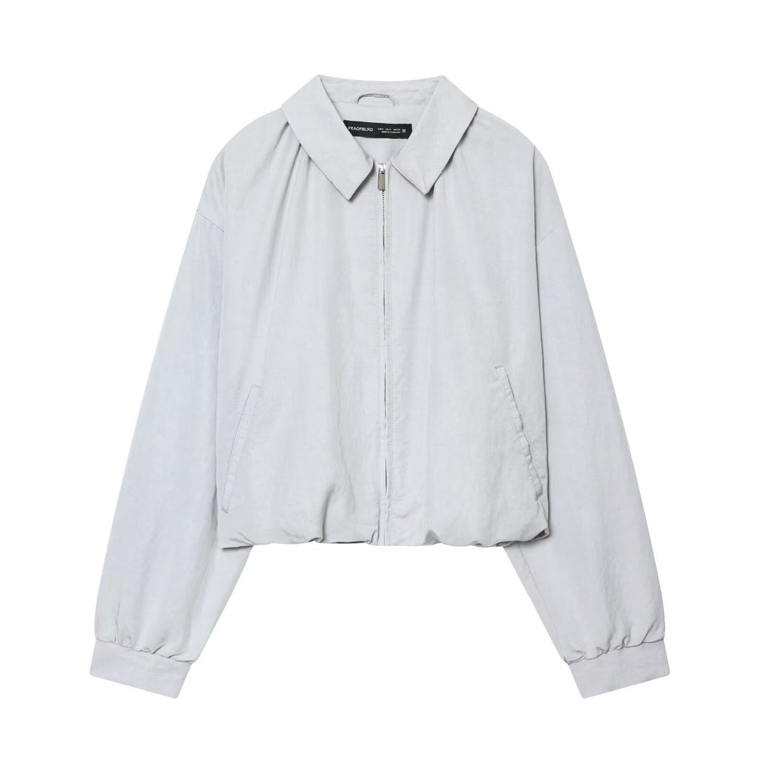 Women Oversized Bomber Jacket with Shirt Collar Zipper and Elastic Hem Mune Fashion