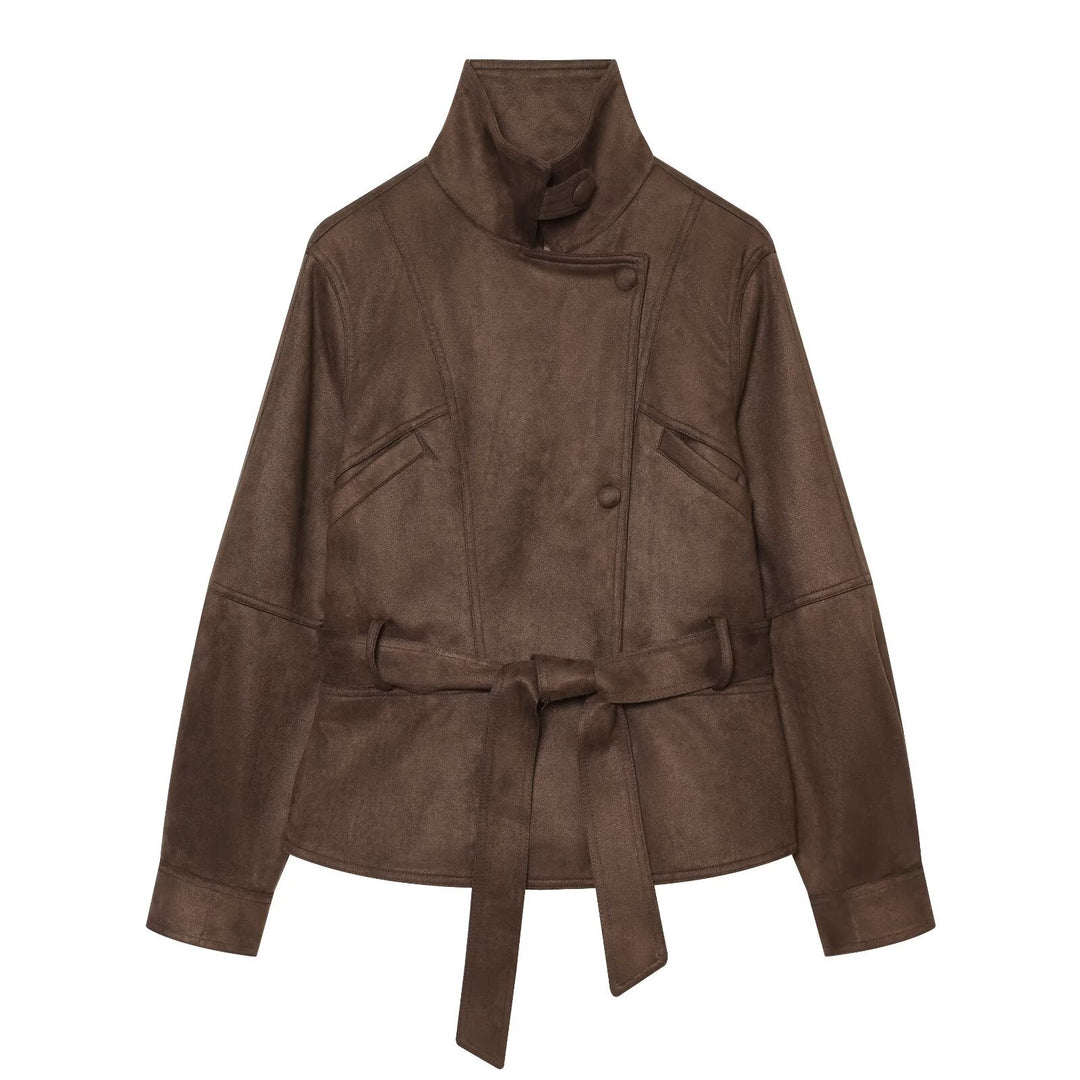 Women's tailored short jacket made of soft suede imitation with asymmetrical button placket and tie belt Mune Fashion