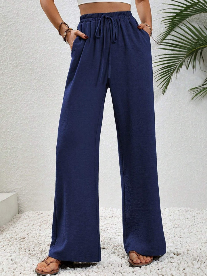 Women's Light Palazzo Pants with Elastic Waistband, Drawstring, and Side Pockets Mune Fashion