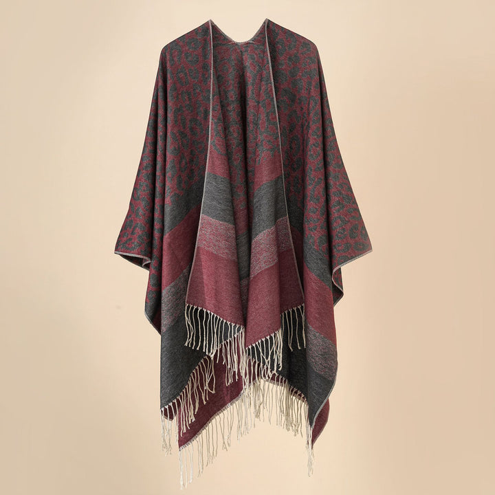 Women's Oversized Ruana with Leo Jacquard, fringes, and soft wool blend Mune Fashion