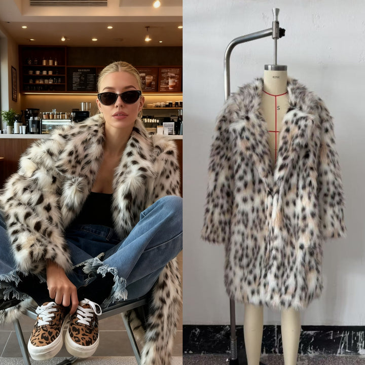 Women's midi coat made of faux fur with leopard print, oversized fit and shawl collar Mune Fashion