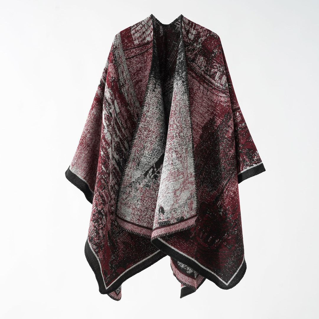 Women Oversize Ruana in boxy cape with jacquard woven structure and soft wool blend drape
