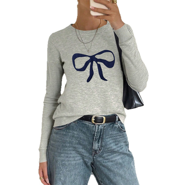 Women's fine knit pullover with large bow print, round neckline and slim fit Mune Fashion