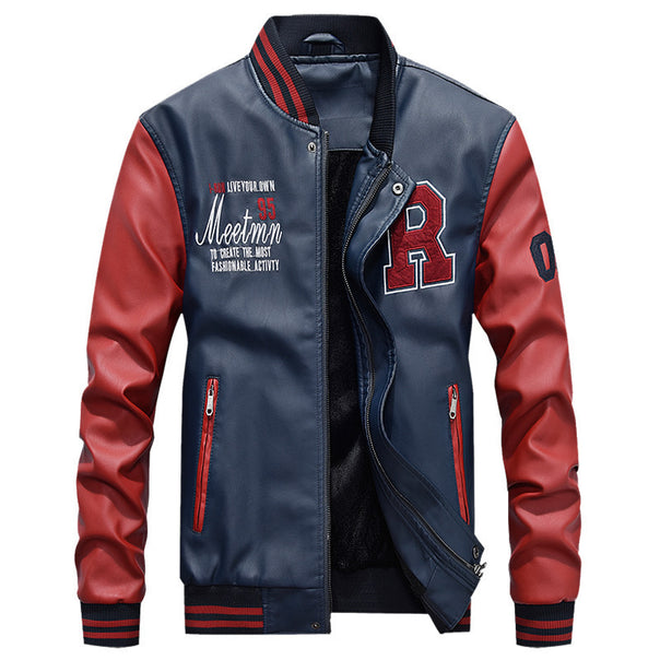 Men's varsity bomber jacket in college style made of faux leather with contrasting sleeves and embroidered patches Mune Fashion