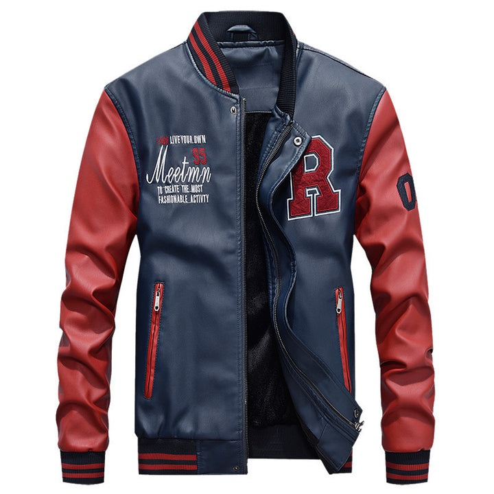 Men's varsity bomber jacket in college style made of faux leather with contrasting sleeves and embroidered patches Mune Fashion