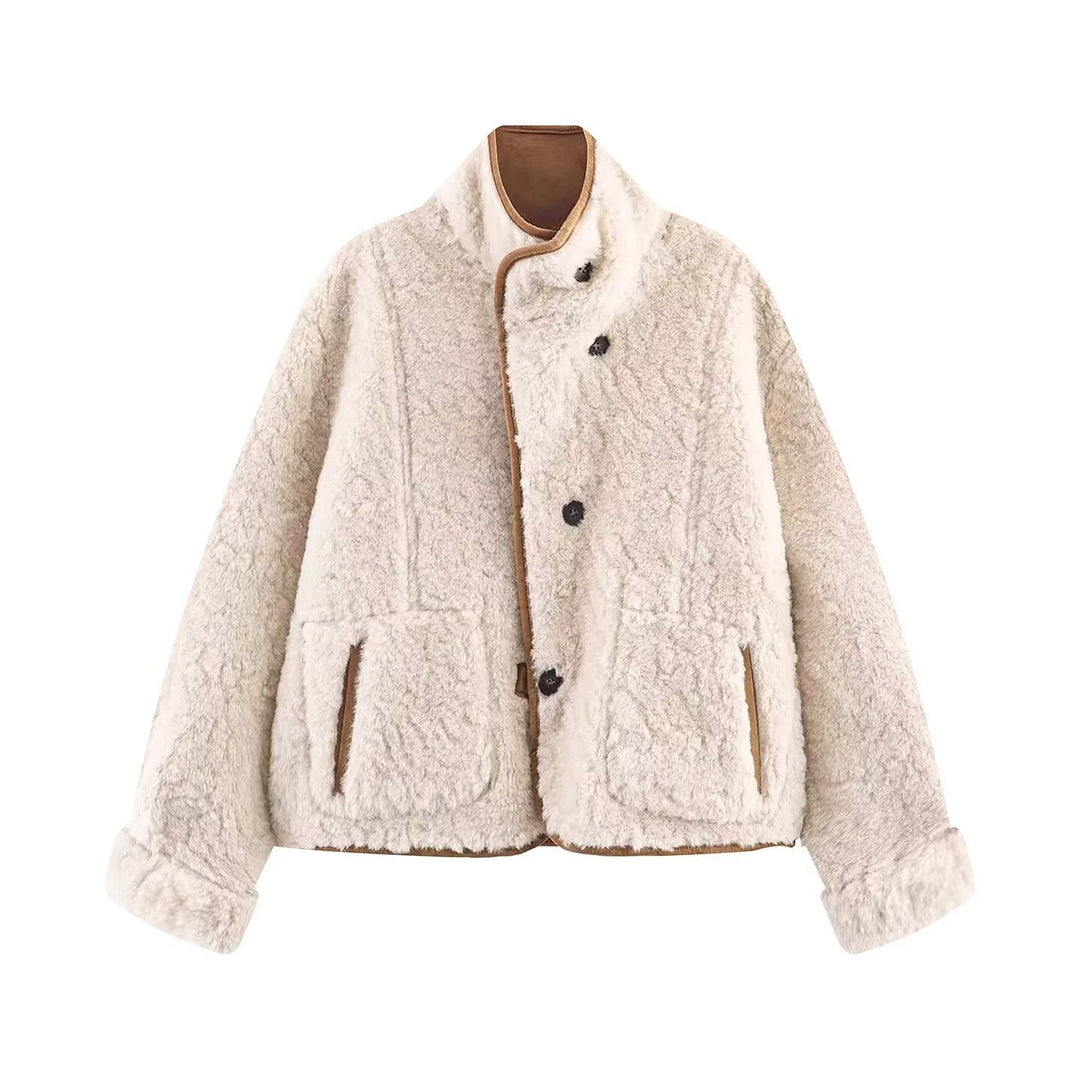 Ladies Short Sheepskin Look Jacket with Stand-Up Collar and Large Patch Pockets Mune Fashion