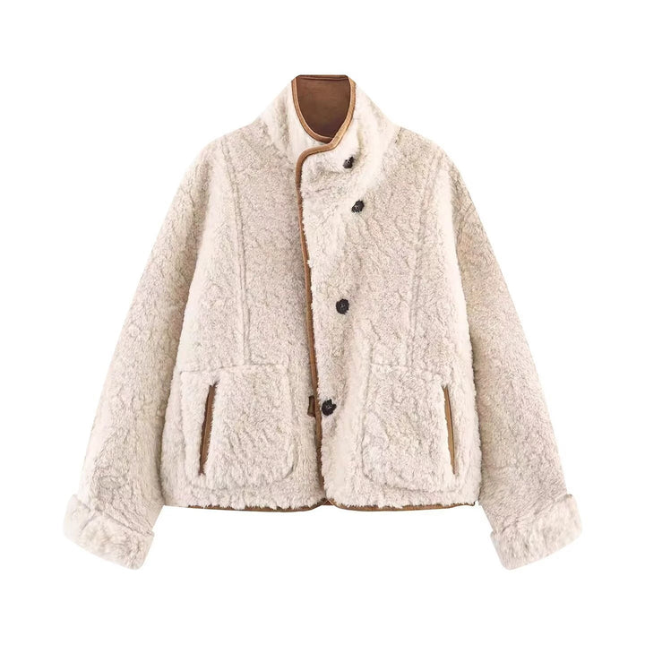Ladies Short Sheepskin Look Jacket with Stand-Up Collar and Large Patch Pockets Mune Fashion