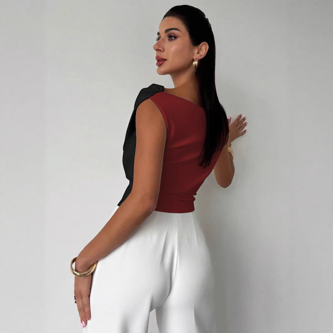 Ladies' elegant asymmetrical draped top with crossed front and figure-hugging waist Mune Fashion