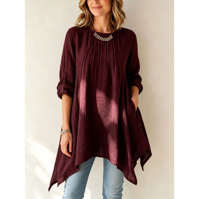 Women Casual Long Tunic with Towel Hem, Ruffled Pleats and Side Pockets Mune Fashion