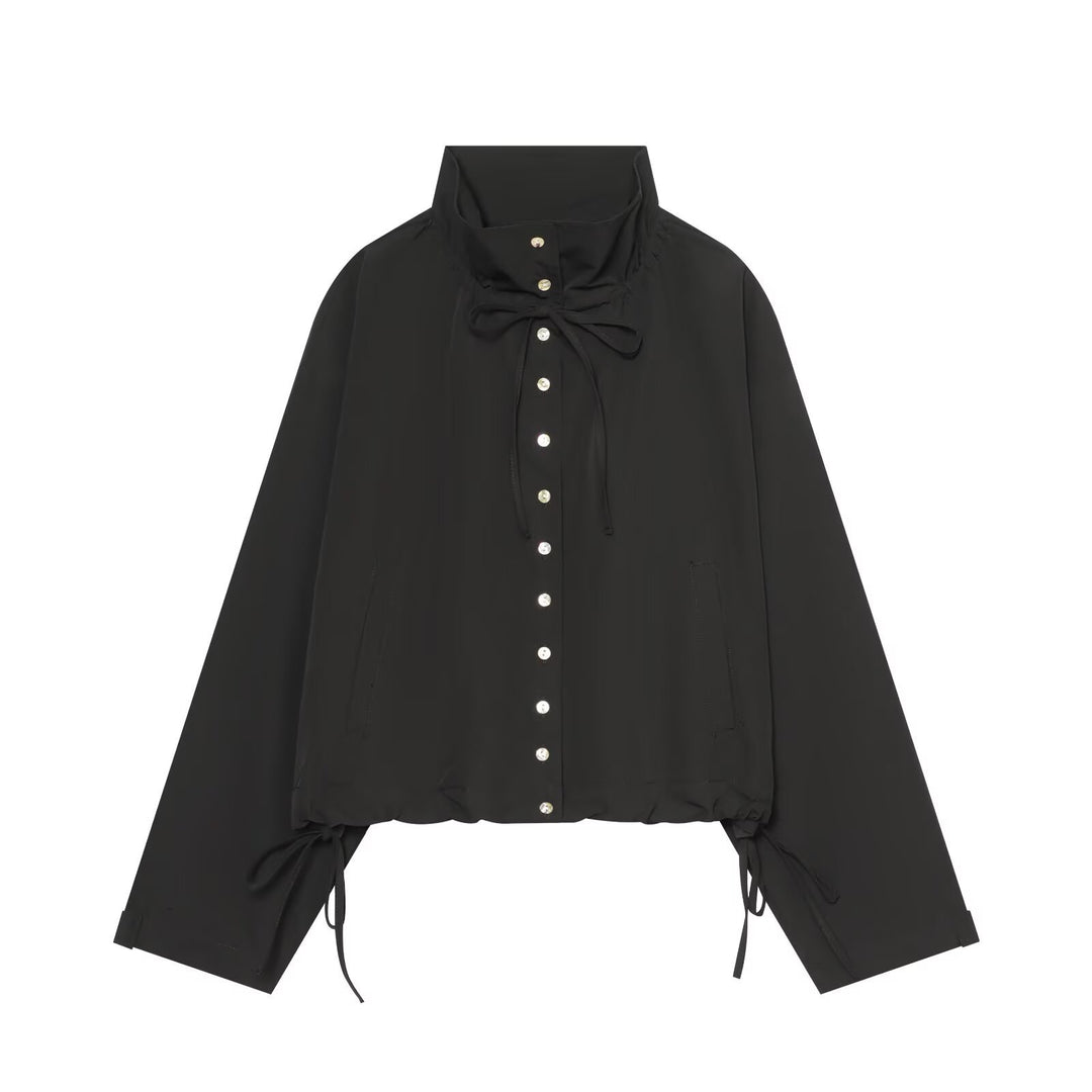 Women's Short Cropped Blouson with High Stand Collar, Button Placket and Drawstring Hem