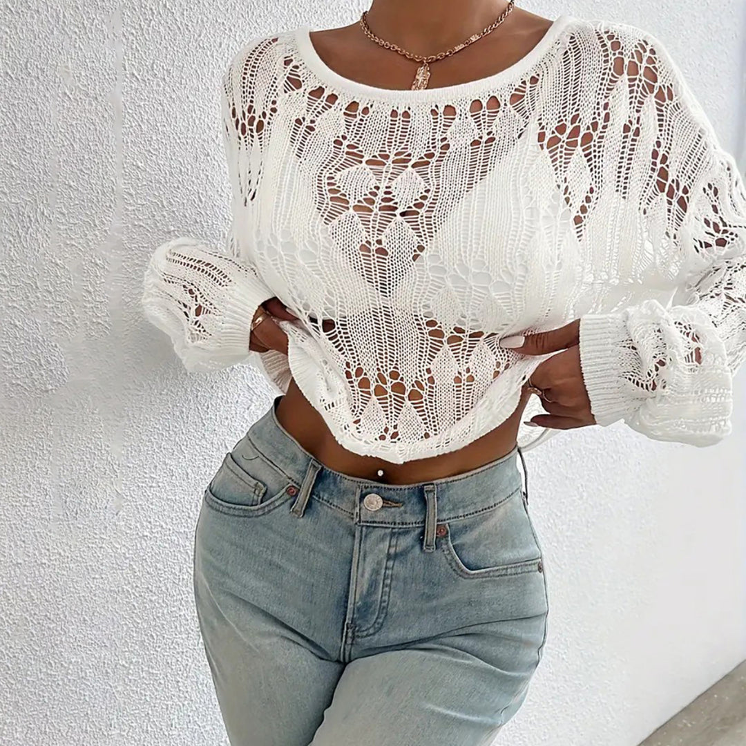 Ladies elegant, airy knit top with open crochet look Mune Fashion