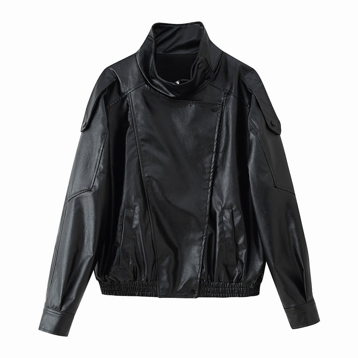 Unisex nan wide Biker style faux leather jacket with stand-up collar and elastic hem Mune Fashion