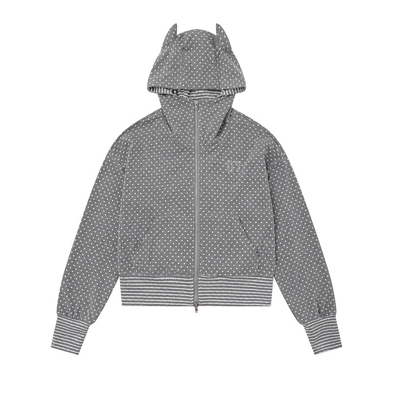 Ladies Hooded Sweat Jacket with Zipper, Ear Application and Allover Dots Mune Fashion