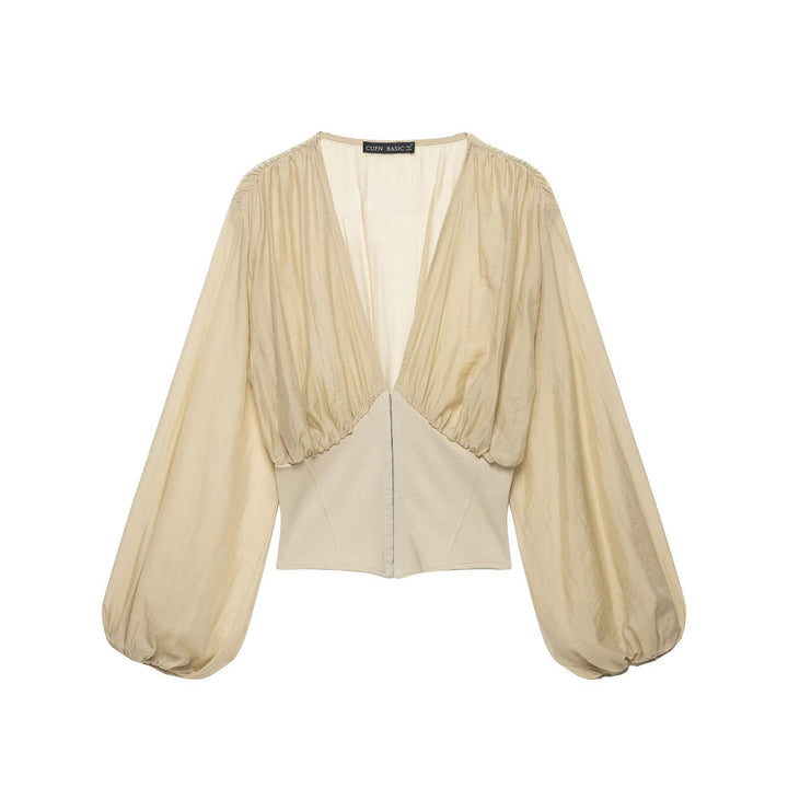 Women's fitted corset top with transparent balloon sleeves and deep V-neck Drune
