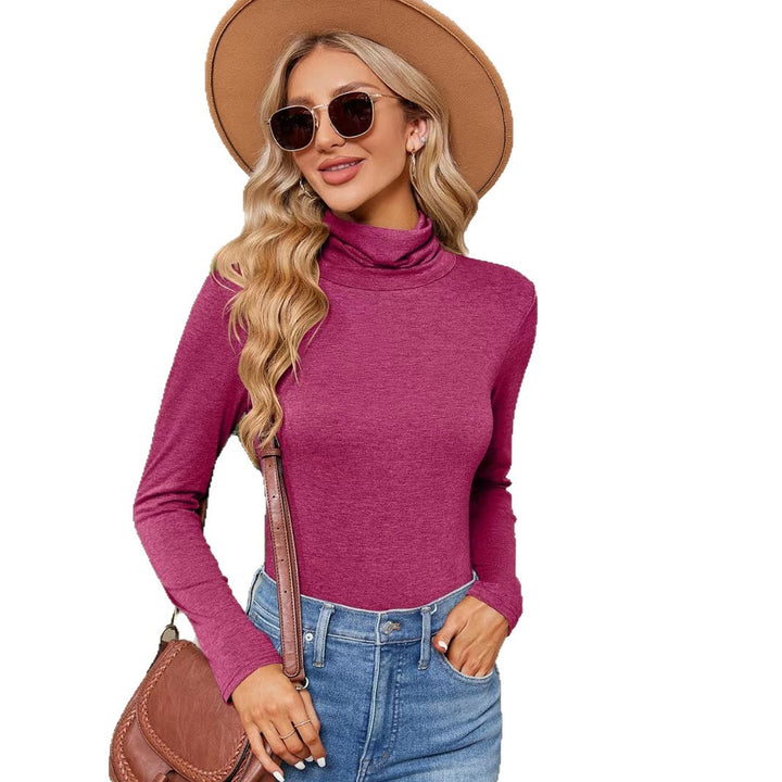 Women Fitted Stretch Jersey Turtleneck Top with Long Sleeve