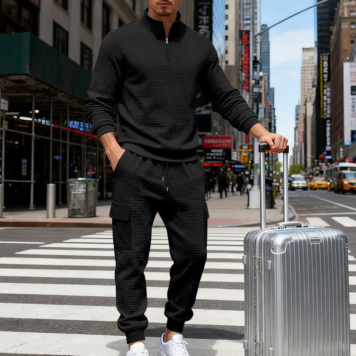 Men's nan cargo jogger suit with half zipper, structured waffle knit look and elastic waistband Mune Fashion