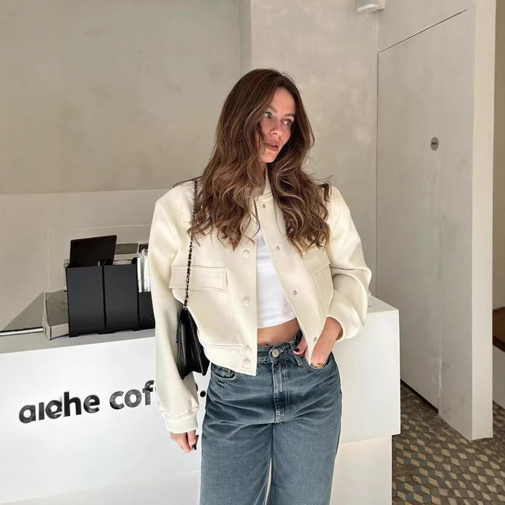 Women's Short Bomber Jacket with Leopard Print, Ribbed Cuffs, and Flap Pockets Mune Fashion