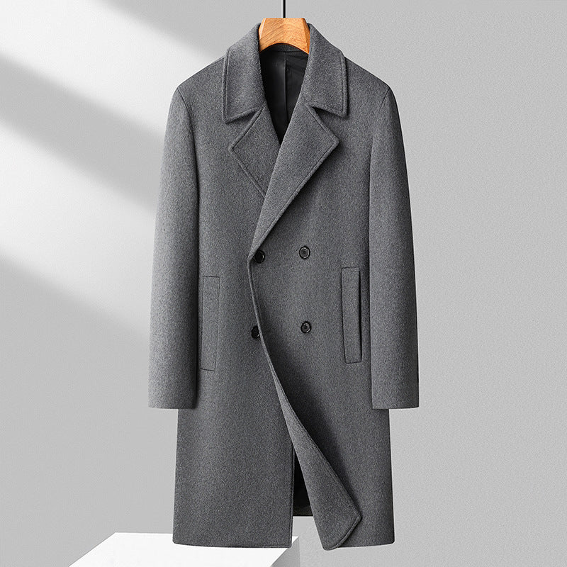Men's Elegant Long Double-Breasted Wool Blend Overcoat with Notched Lapel Mune Fashion
