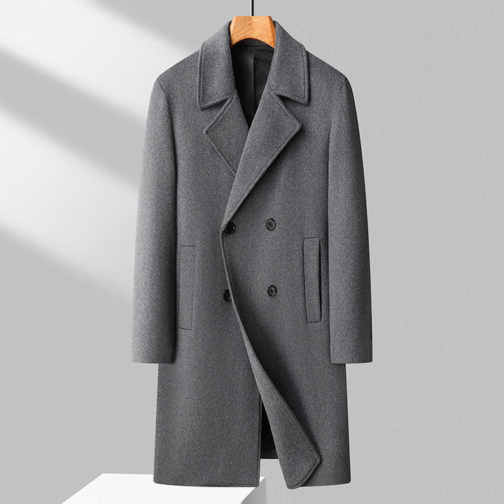 Men's Elegant Long Double-Breasted Wool Blend Overcoat with Notched Lapel Mune Fashion