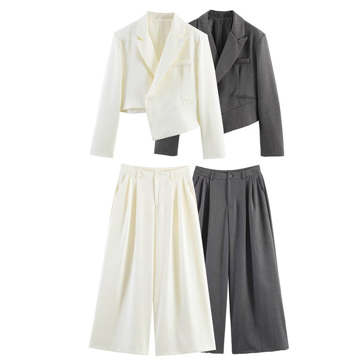 Women Asymmetric Cropped Blazer with Slanted Hemline and Lapel Collar Mune Fashion