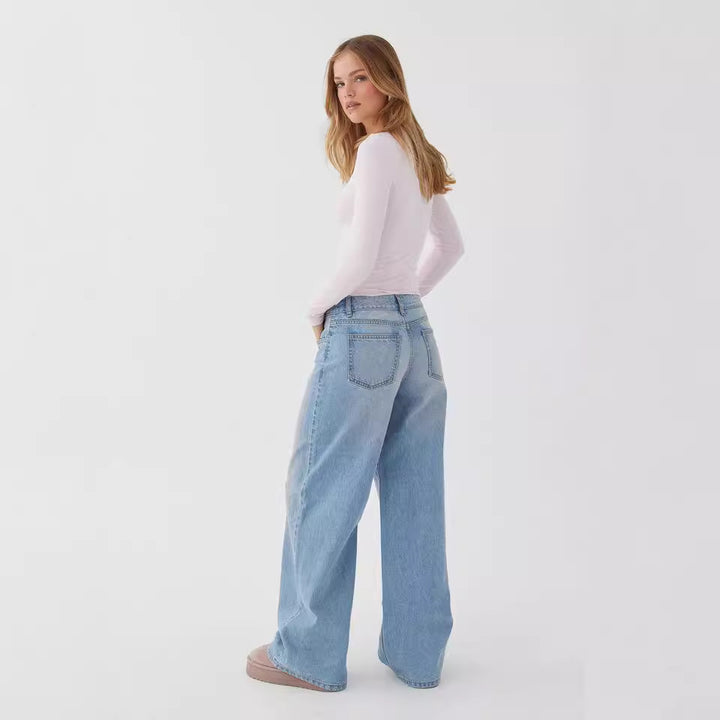 Women's wide denim pants model with deep waist and wide flare Mune Fashion