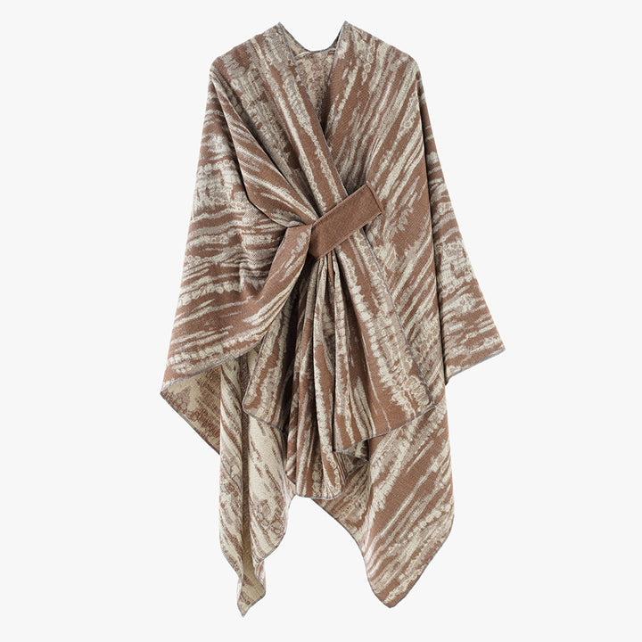 Ladies Jacquard cape cover-up with structured wave pattern, tie belt and asymmetrical hemline Mune Fashion