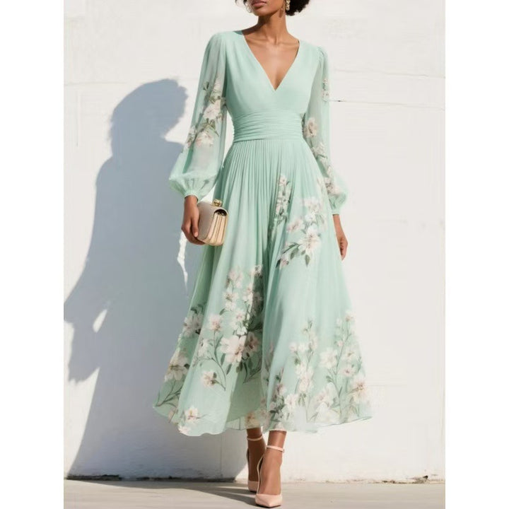 Women Chiffon Midi Dress with V-neck, gathered waist and floral pleated skirt Mune Fashion