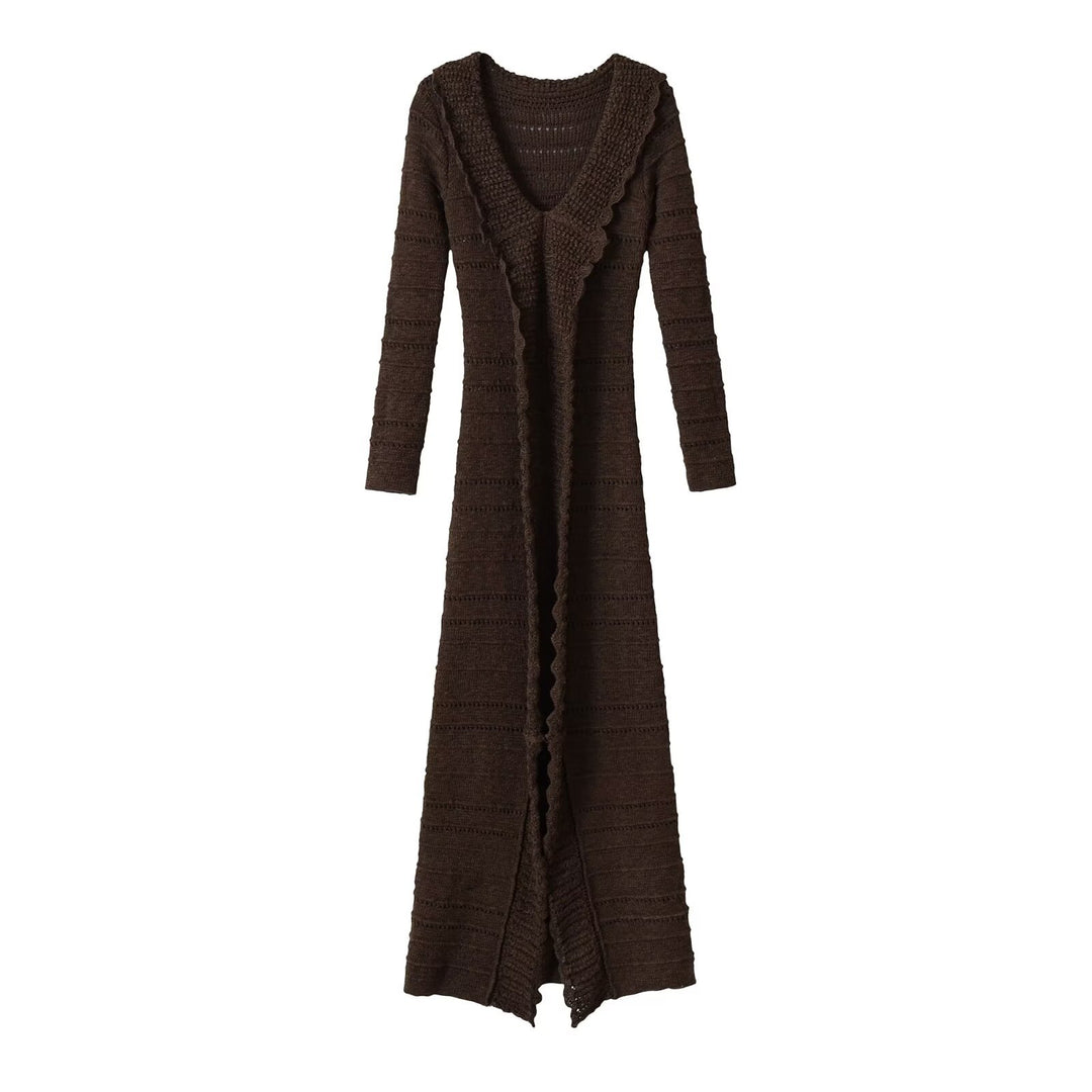 Women Long Open Crochet Knit Coat with V-Neck and Wavy Edge Mune Fashion