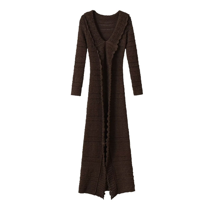 Women Long Open Crochet Knit Coat with V-Neck and Wavy Edge Mune Fashion