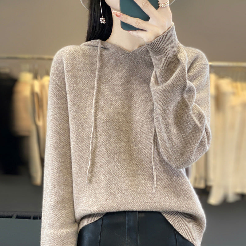 Women soft fine-knit hooded sweater with mottled texture and ribbed cuffs Mune Fashion