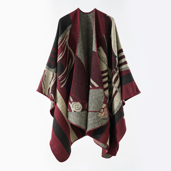 Women's Ruana wrap in coarse wool blend with graphic block design and overlock hem Mune Fashion