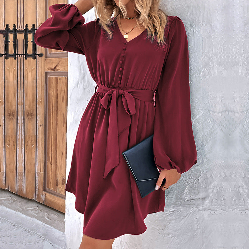Women's V-neck dress with tie belt, button placket & balloon sleeves Mune Fashion