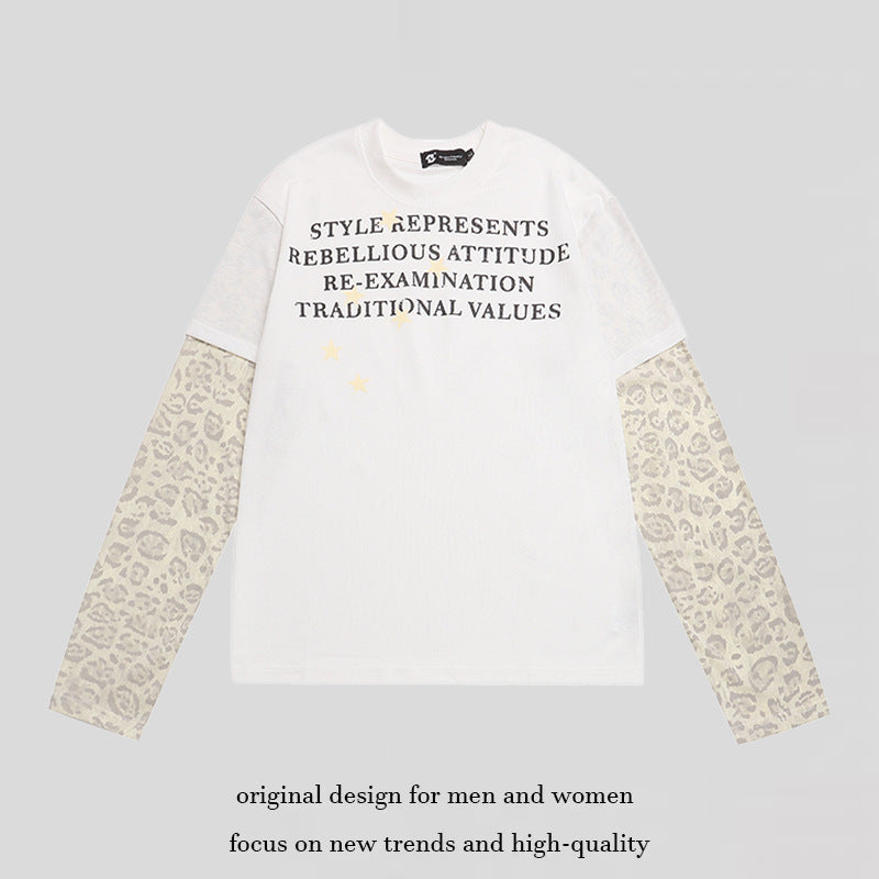 Women Layered Long Sleeve Shirt with Contrast Sleeves in Leopard Pattern and Statement Print Mune Fashion
