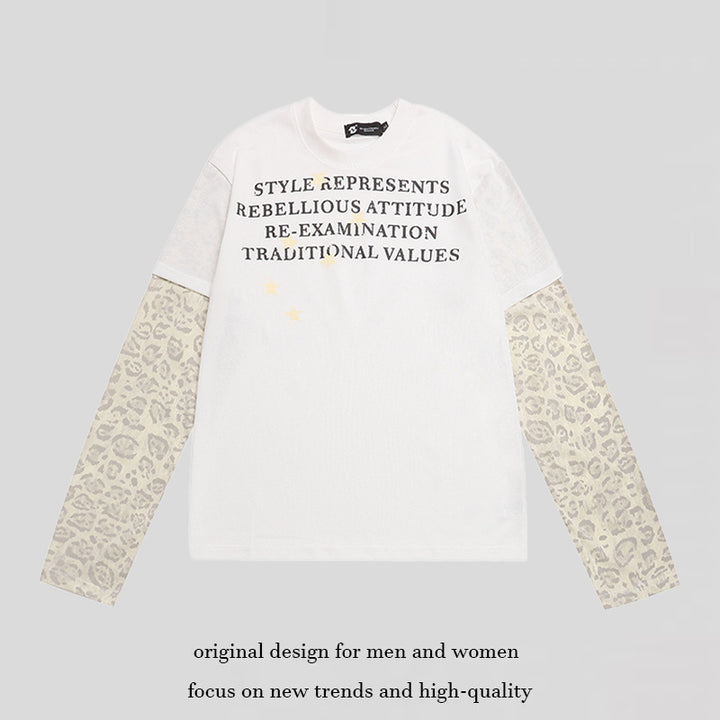 Women Layered Long Sleeve Shirt with Contrast Sleeves in Leopard Pattern and Statement Print Mune Fashion