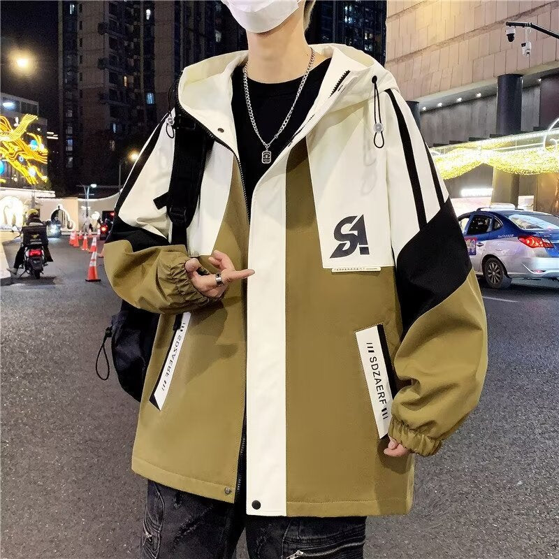 Men's Colourblock Utility Outdoor Jacket with Hood, Contrast Stripes and Concealed Zipper Mune Fashion
