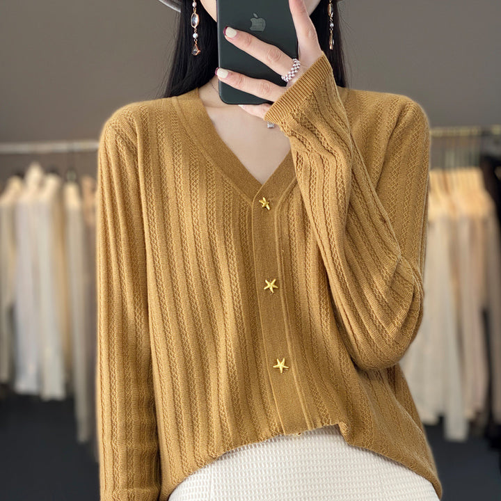 Women Lightweight V-Neck Cardigan with Textured Vertical Stripes and Star Buttons Mune Fashion