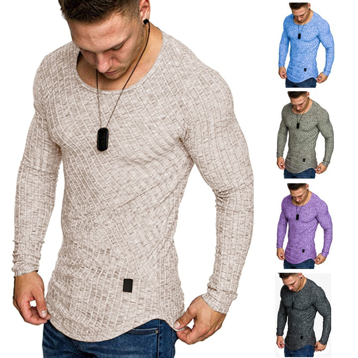 Men's Fitted Textured Knit Long Sleeve Sweater with Round Neck Mune Fashion