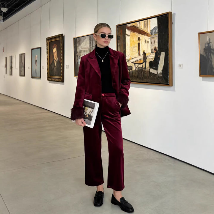 Women Tailored Velvet Blazer with Faux Fur Cuffs and Flap Pockets Mune Fashion