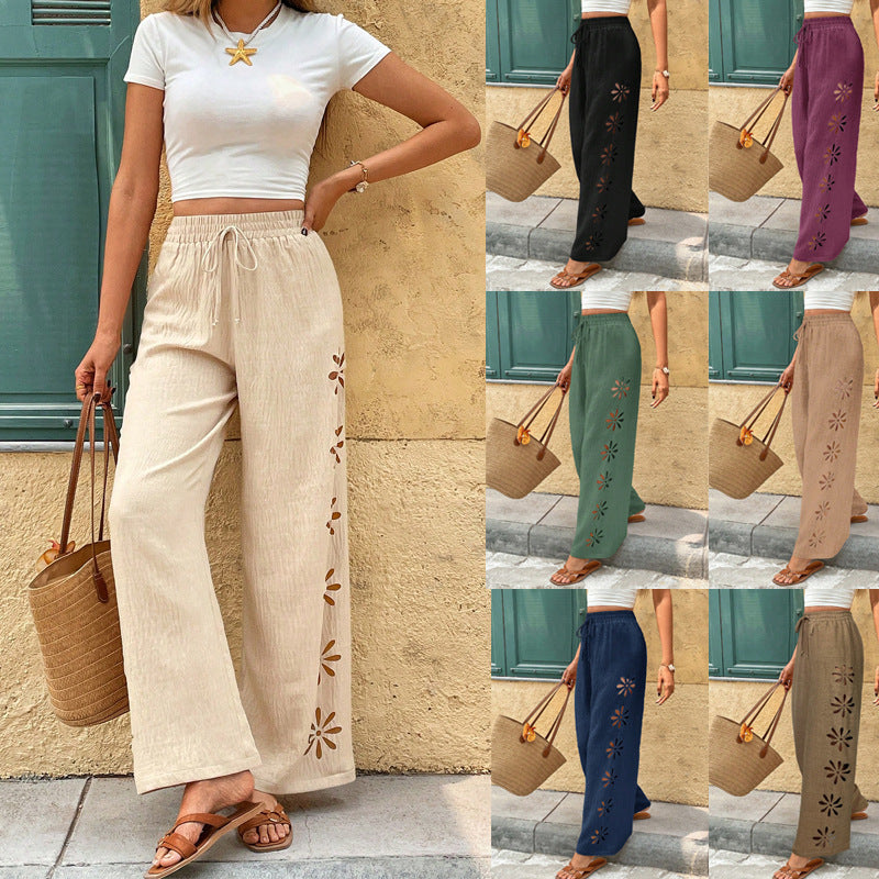 Women Wide Linen Pants with Flower Applications and Elastic Waistband Mune Fashion