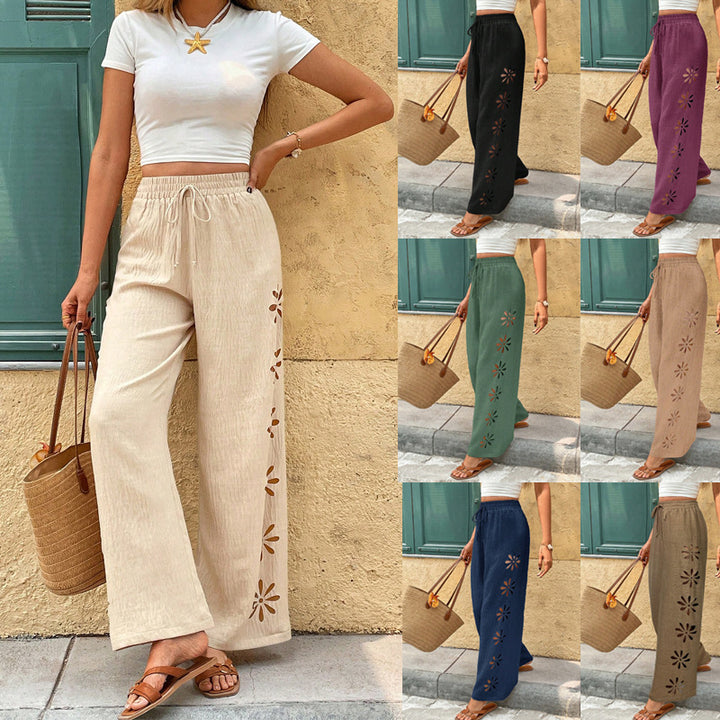 Women Wide Linen Pants with Flower Applications and Elastic Waistband Mune Fashion