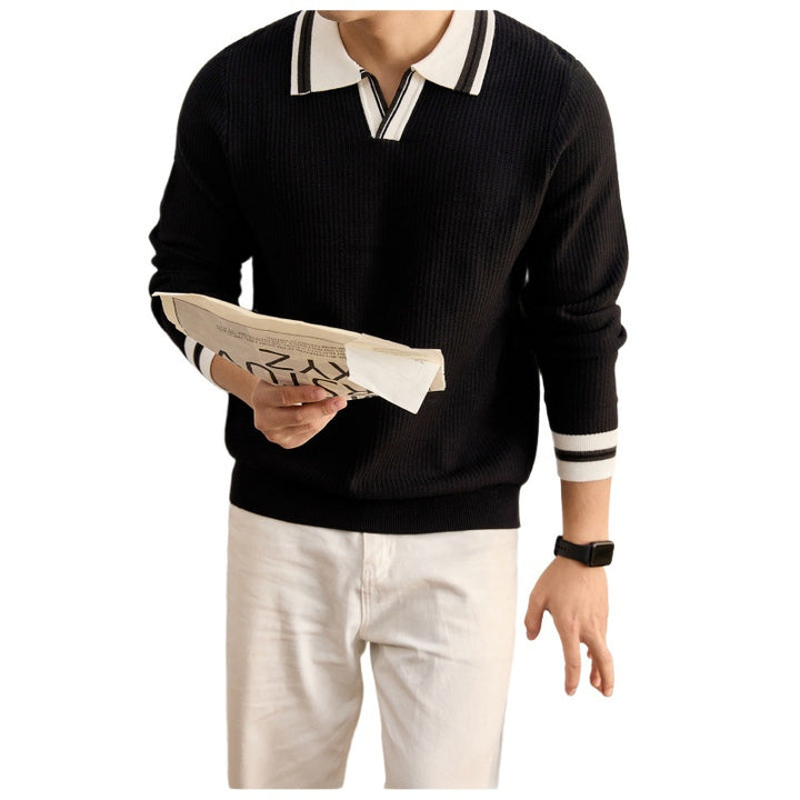 Men's fine knit polo with V-neck, ribbed structure and contrasting cuffs Mune Fashion